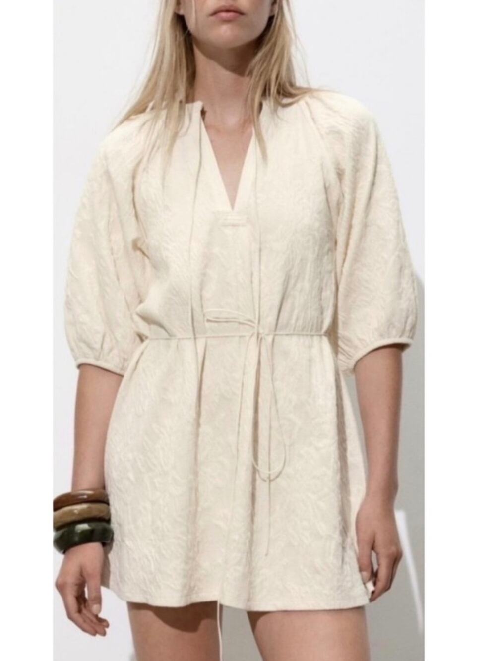 Zara Cream Textured Jacquard Mini Dress Tie Waist Balloon Sleeve Women’s Large